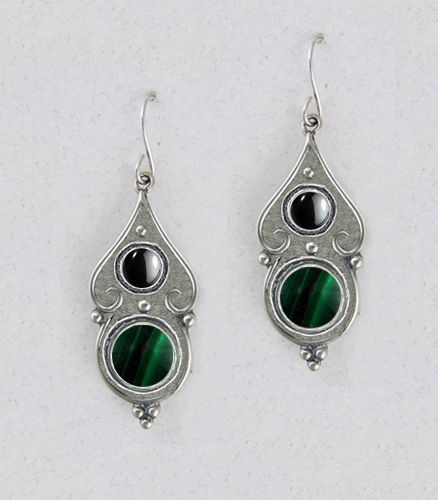 Sterling Silver Gothic Look With Malachite And Hematite Gemstone Drop Dangle Earrings